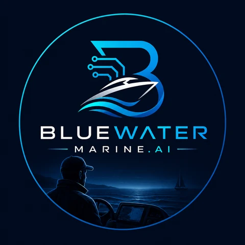 BlueWaterMarine.ai logo: a stylised B with a boat and circuit lines above the BlueWater Marine.ai name
